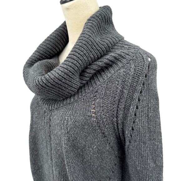 LOFT Charcoal Gray Wool Blend Open Knit Cowl Neck Asymmetrical Hem Sweater - Picture 5 of 11